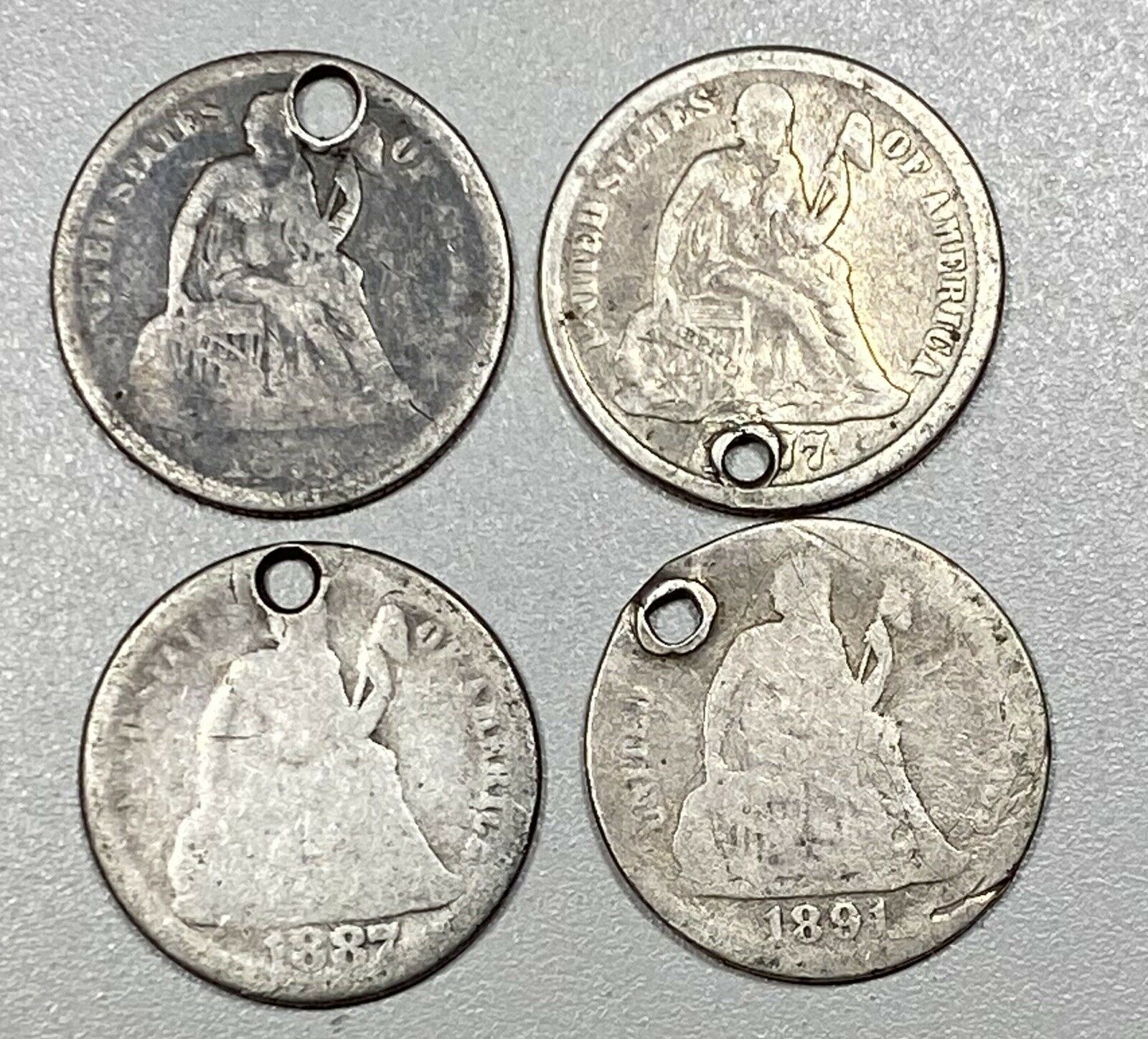 1873, 1877, 1887 & 1891 Seated Liberty 10c Silver Dimes Lot Of 4 Holed
